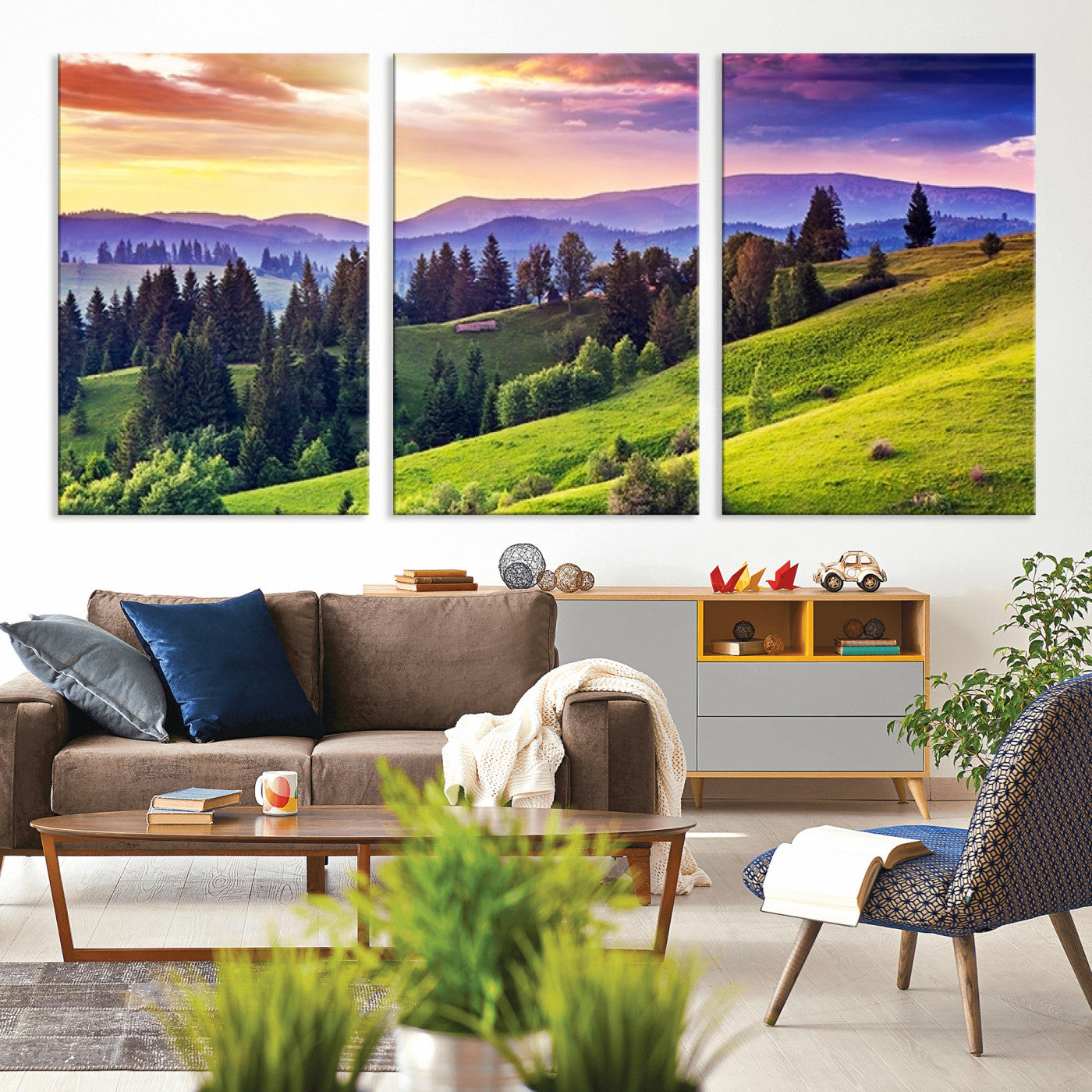 MGV-CV-60X30-3P - Green Hills and Sunset Wall Art Print - Scenic Landscape with Lush Greenery and Vibrant Sky, Ready