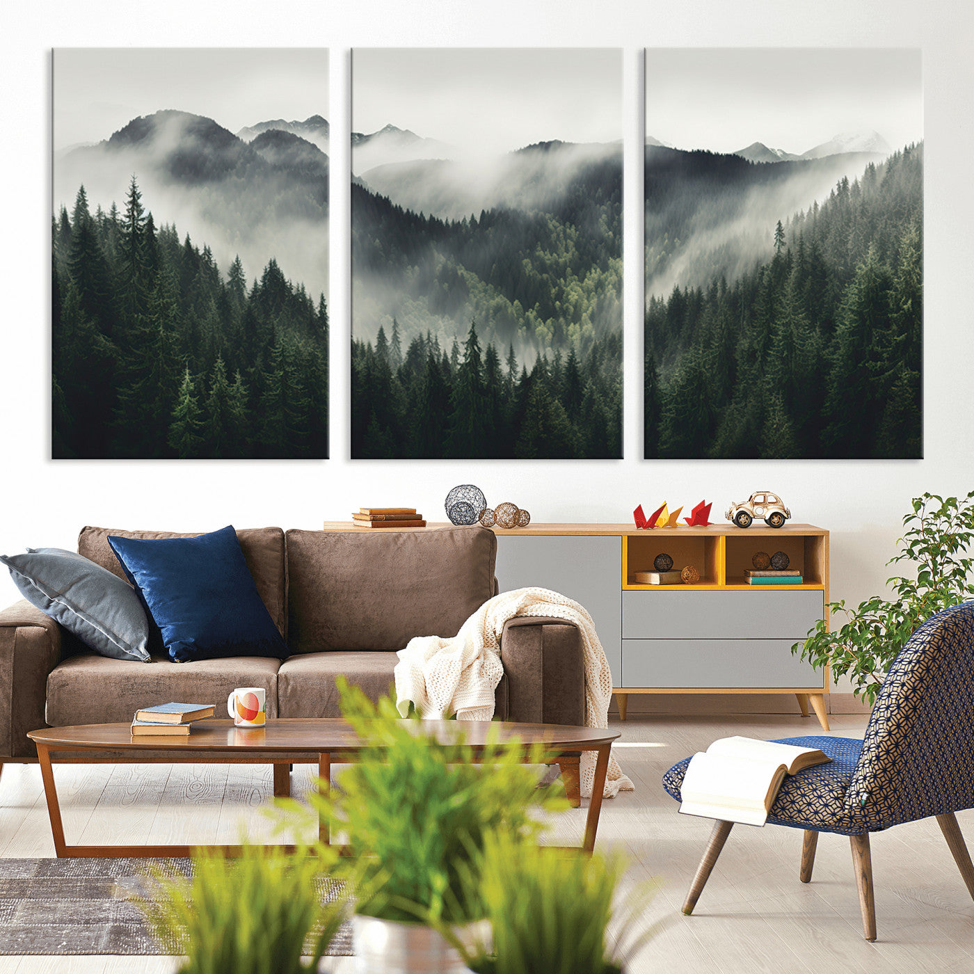 MGV-CV-60X30-3P - Misty Forest Canvas Print Wall Art Premium Canvas Print a Foggy and Serene Atmosphere