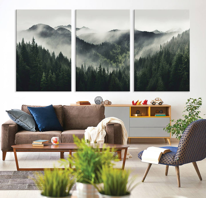 Serene and mystical landscape of misty mountains and dense evergreens, ideal for a Misty Mountain Forest Canvas Wall Art Print.