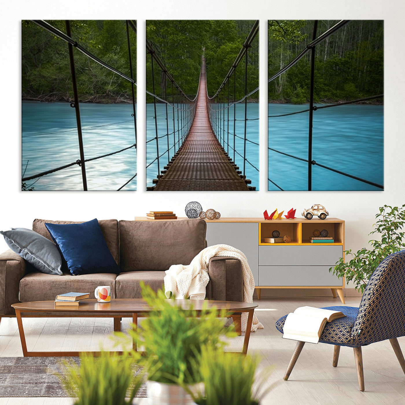 -Suspension Bridge Over River Canvas Art | 3-Panel Nature Photography | Scenic Wall Art for Living