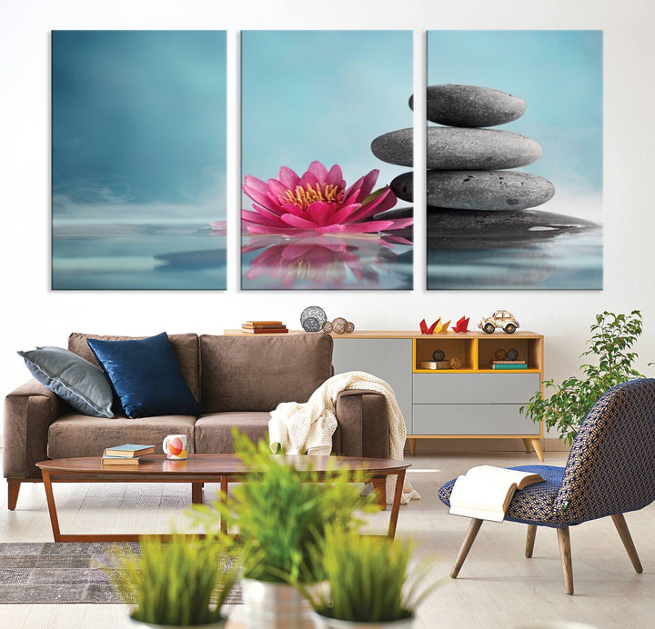 The dining room features a Zen Serenity Triptych wall art, showcasing a calming depiction of lotus flowers and balancing stones.