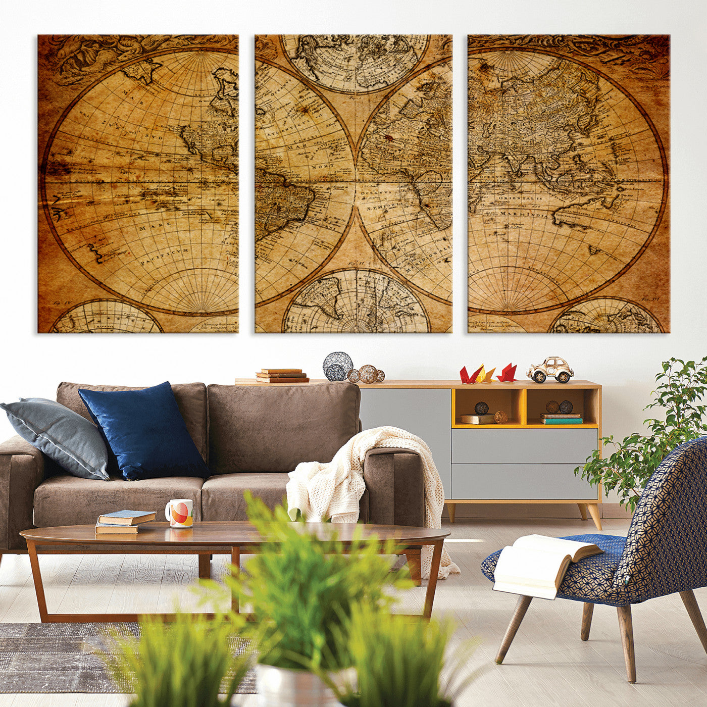 25517-MGV-CV-60X30-3P - Vintage World Map Canvas Print – Antique Push Pin Travel Map, Framed Wall Art for Home or Office Decor
