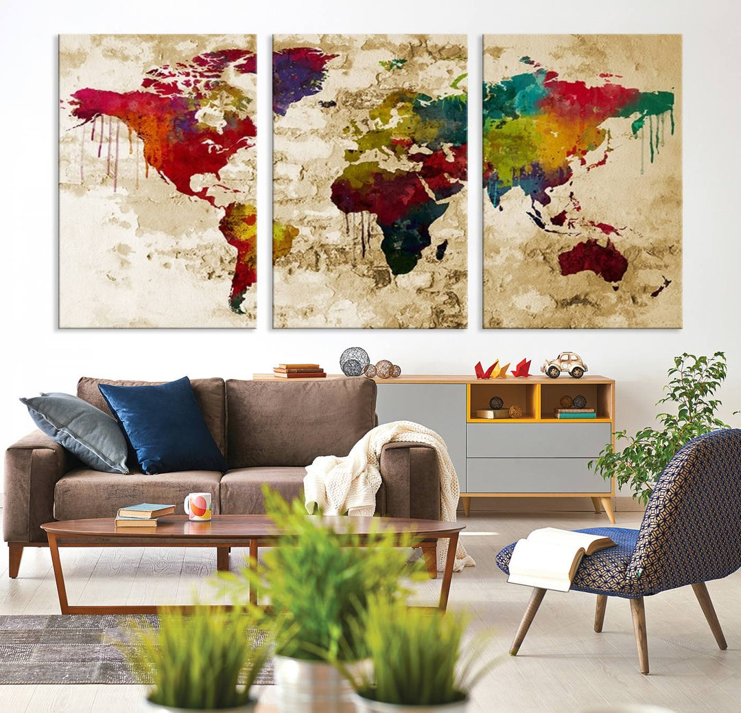 Wall Art World Map Canvas Print Rainbow Colored Vintage Style World Map