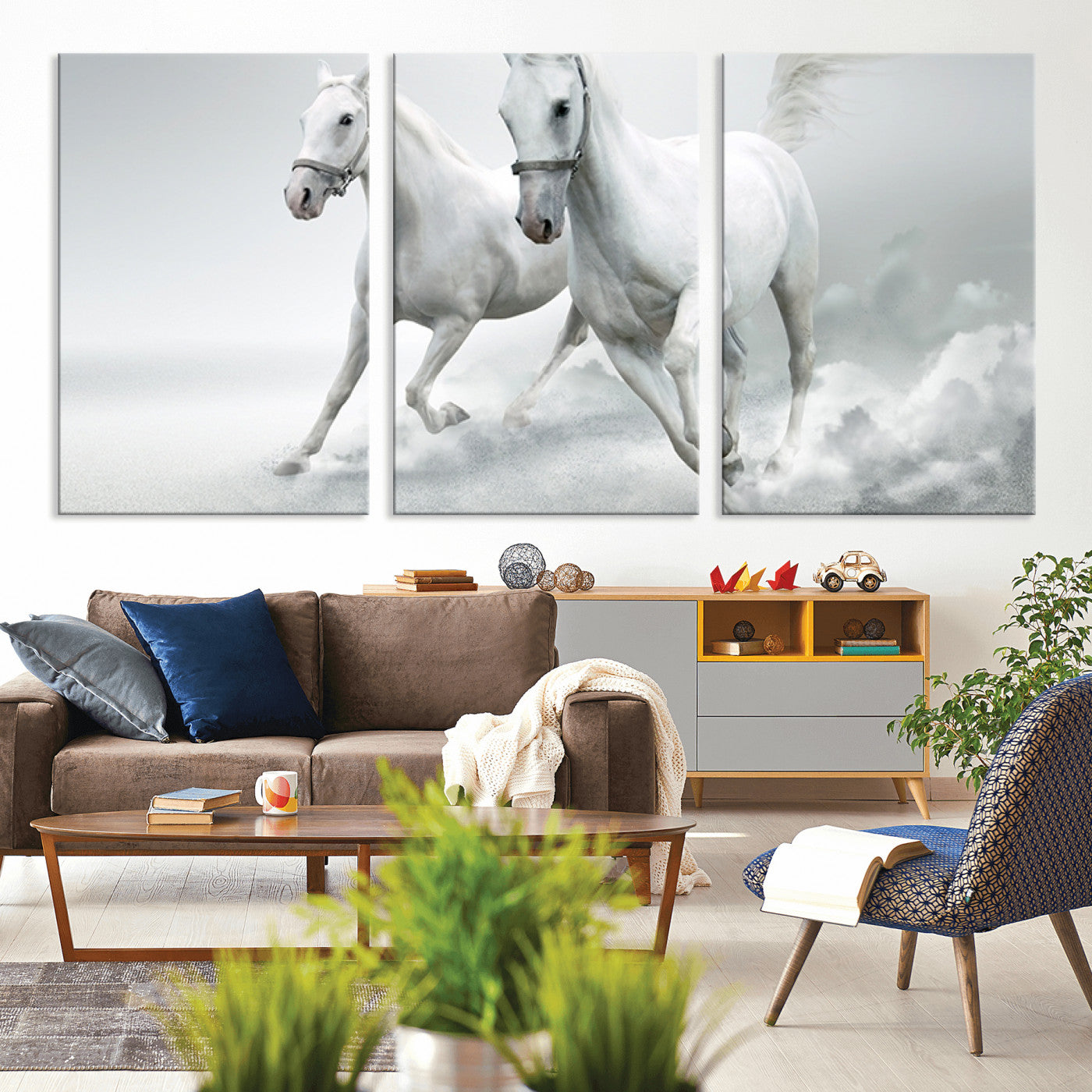 MGV-CV-60X30-3P - Large Wall Art Animal Canvas Print - Beautiful Running White Horses