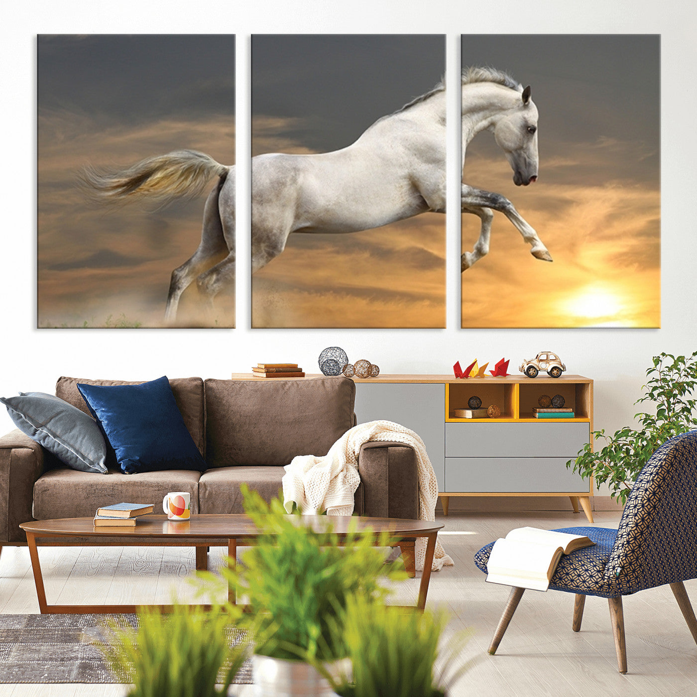 MGV-CV-60X30-3P - Large Wall Art Animal Canvas Print - White Jumping Horse at Sunset