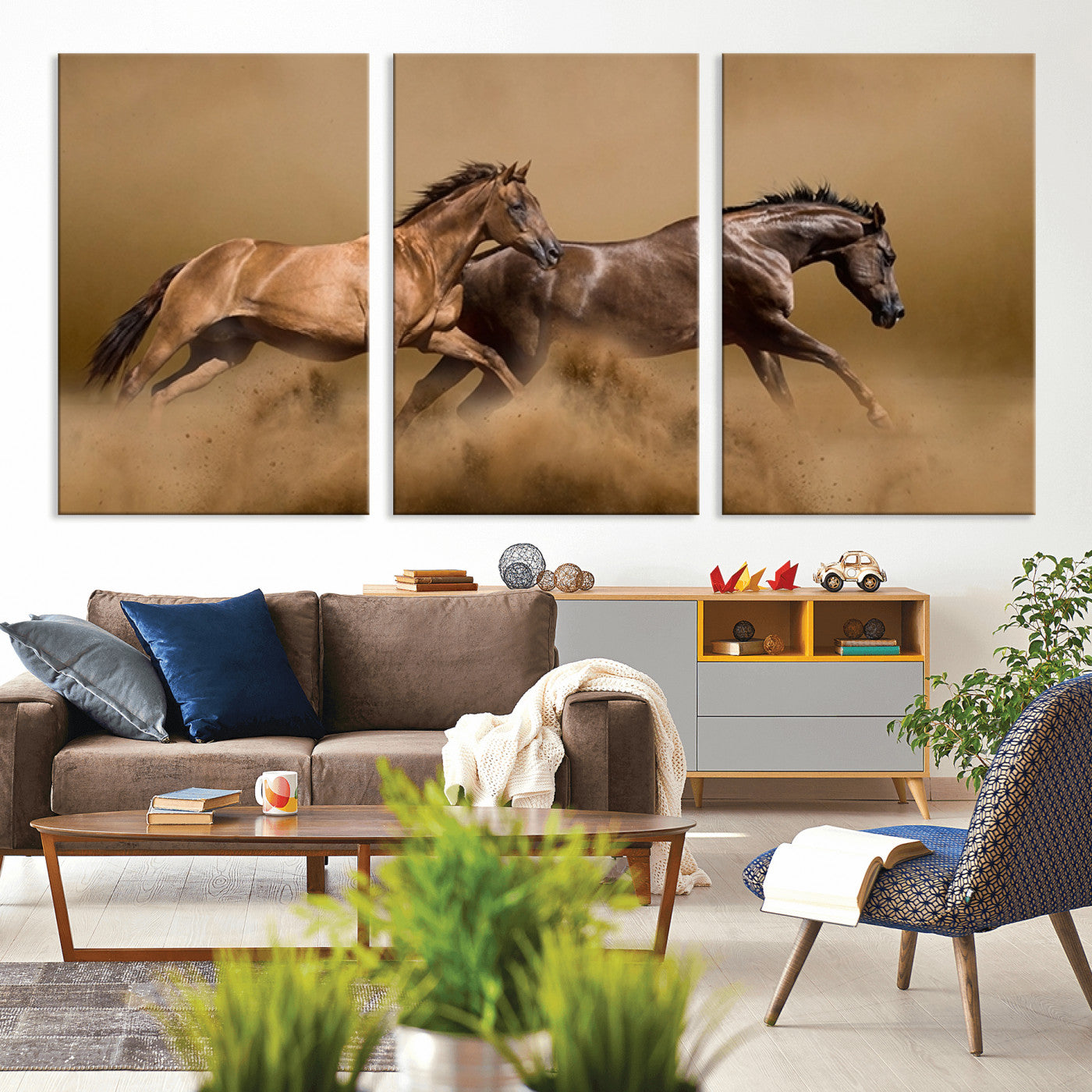 MGV-CV-60X30-3P - Large Wall Art Animal Canvas Print - Two Running Brown Horses