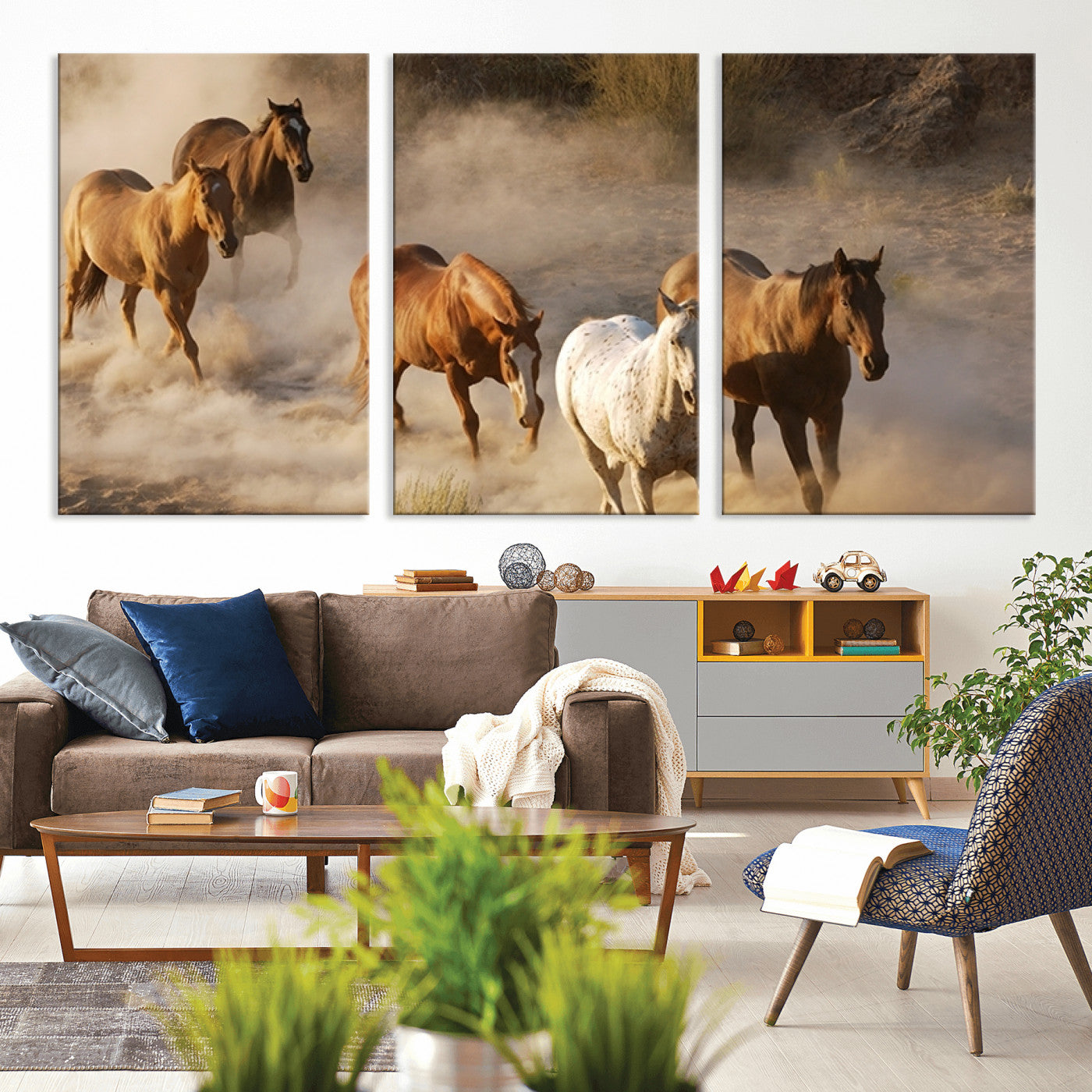 MGV-CV-60X30-3P - Large Wall Art 5 Horses Running on Sand Canvas Print