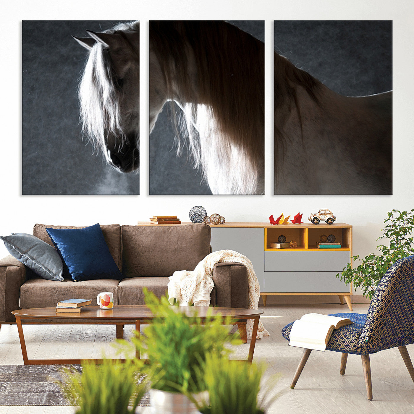 MGV-CV-60X30-3P - Large Wall Art Cream Colored Horse on Grey Background Canvas Print