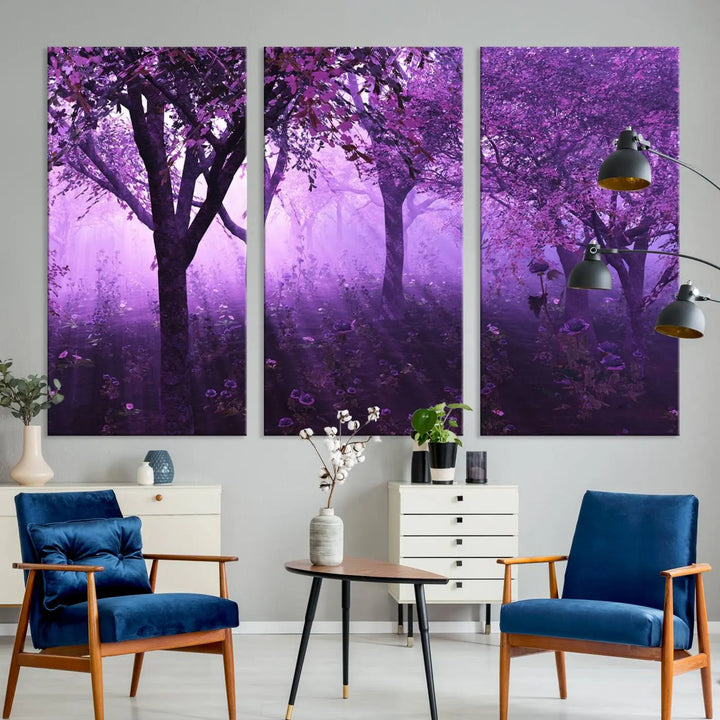 A stunning piece of artwork titled "A Misty Morning Among Flowering Trees" is beautifully displayed on the wall, all framed by elegant gallery-wrapped canvas prints.