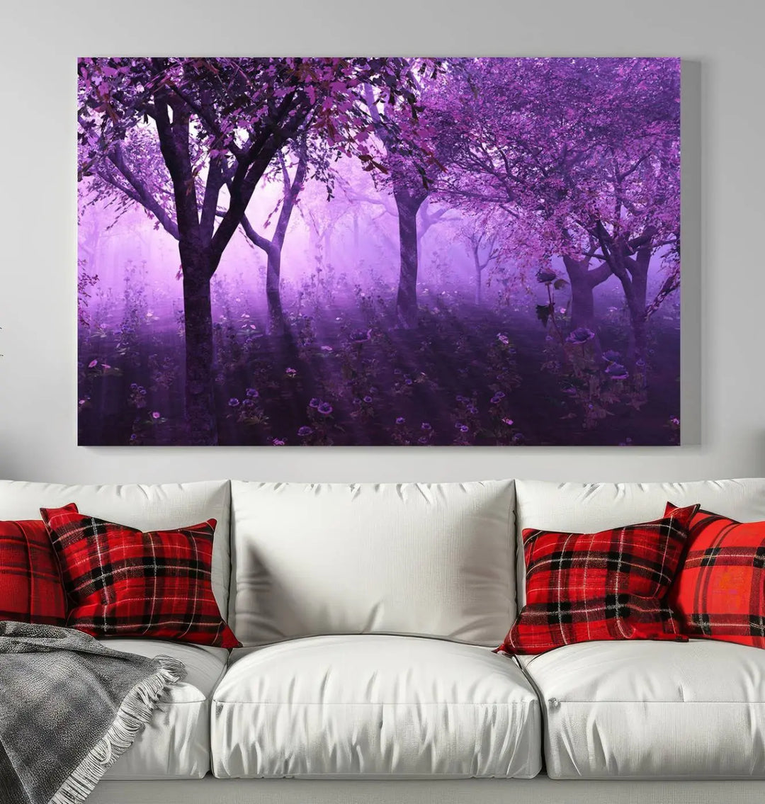 A stunning piece of artwork titled "A Misty Morning Among Flowering Trees" is beautifully displayed on the wall, all framed by elegant gallery-wrapped canvas prints.