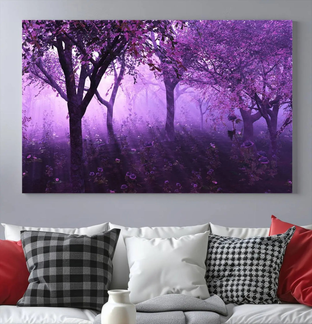 A stunning piece of artwork titled "A Misty Morning Among Flowering Trees" is beautifully displayed on the wall, all framed by elegant gallery-wrapped canvas prints.