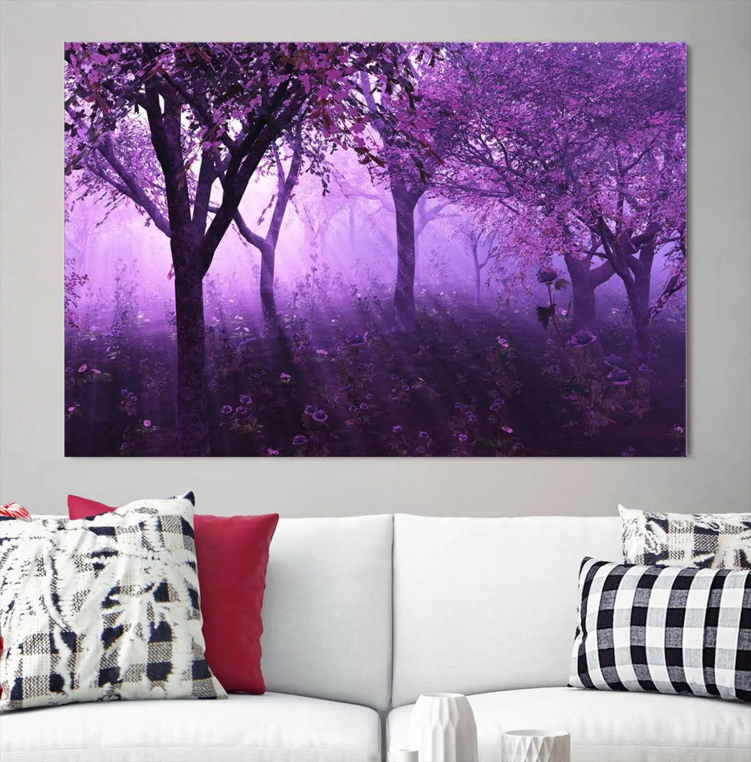 A stunning piece of artwork titled "A Misty Morning Among Flowering Trees" is beautifully displayed on the wall, all framed by elegant gallery-wrapped canvas prints.