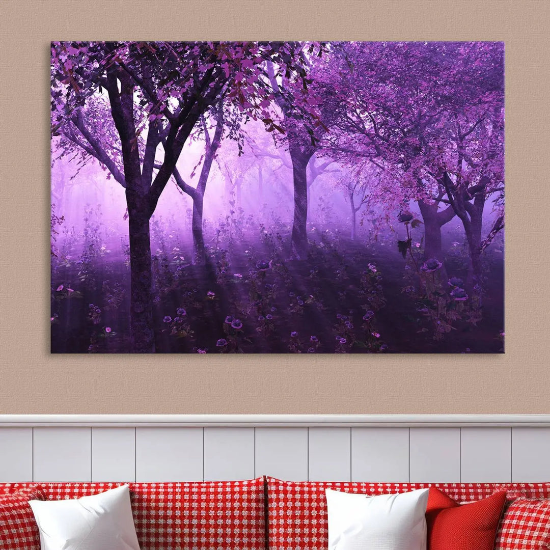 A stunning piece of artwork titled "A Misty Morning Among Flowering Trees" is beautifully displayed on the wall, all framed by elegant gallery-wrapped canvas prints.