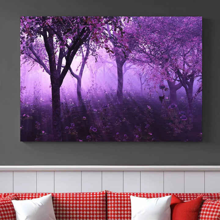 A stunning piece of artwork titled "A Misty Morning Among Flowering Trees" is beautifully displayed on the wall, all framed by elegant gallery-wrapped canvas prints.