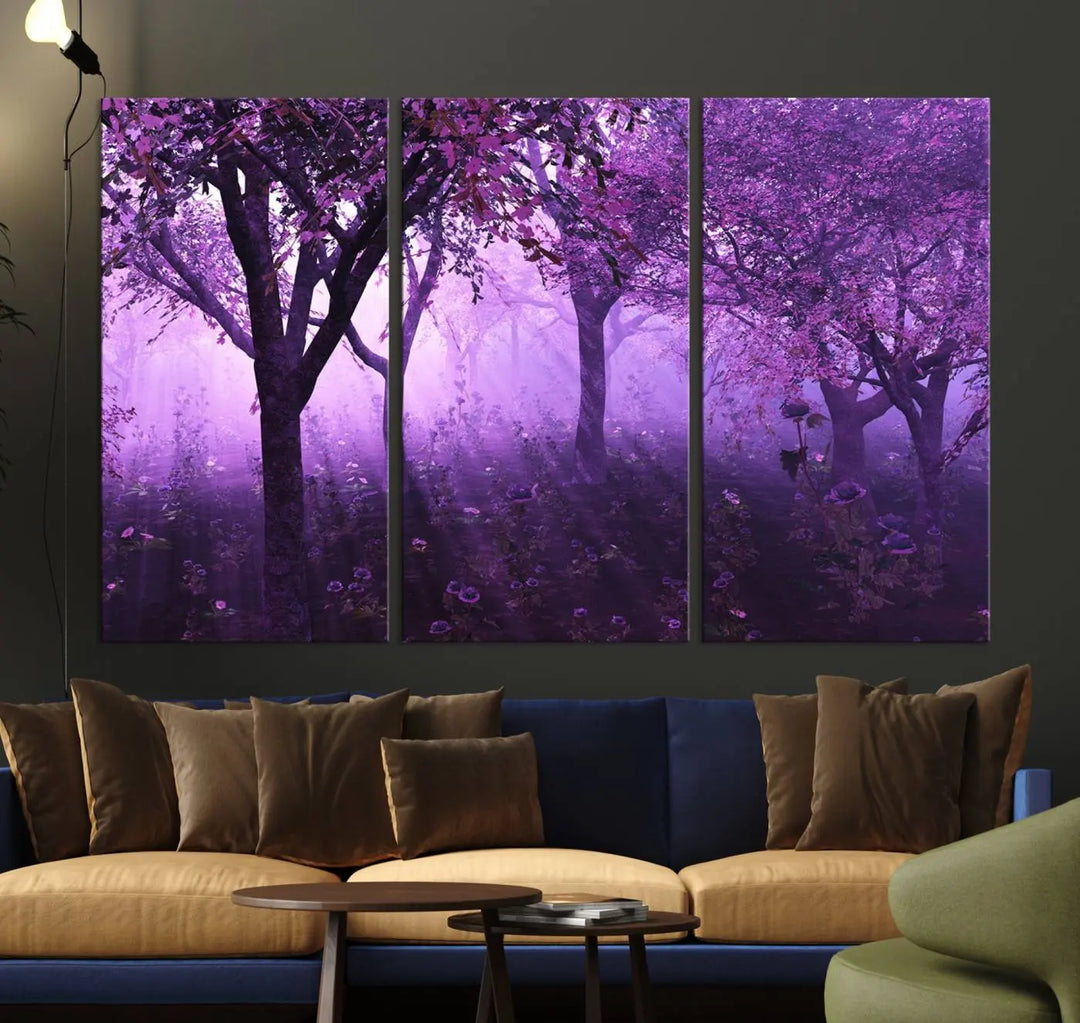 A stunning piece of artwork titled "A Misty Morning Among Flowering Trees" is beautifully displayed on the wall, all framed by elegant gallery-wrapped canvas prints.