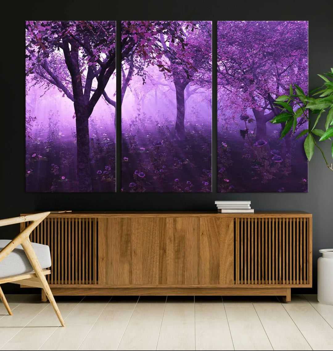 A stunning piece of artwork titled "A Misty Morning Among Flowering Trees" is beautifully displayed on the wall, all framed by elegant gallery-wrapped canvas prints.