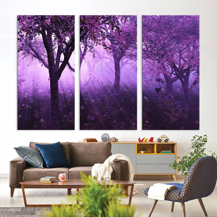 A stunning piece of artwork titled "A Misty Morning Among Flowering Trees" is beautifully displayed on the wall, all framed by elegant gallery-wrapped canvas prints.