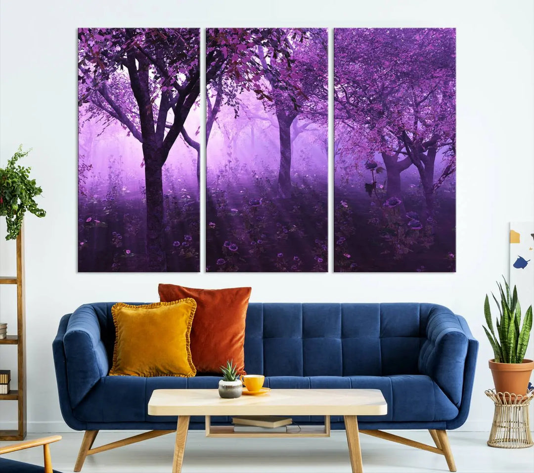 A stunning piece of artwork titled "A Misty Morning Among Flowering Trees" is beautifully displayed on the wall, all framed by elegant gallery-wrapped canvas prints.