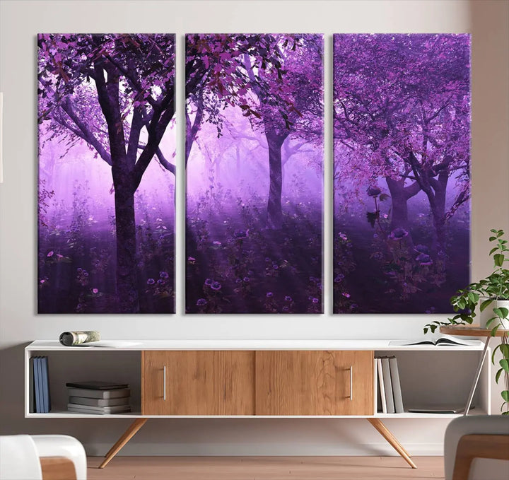 A stunning piece of artwork titled "A Misty Morning Among Flowering Trees" is beautifully displayed on the wall, all framed by elegant gallery-wrapped canvas prints.