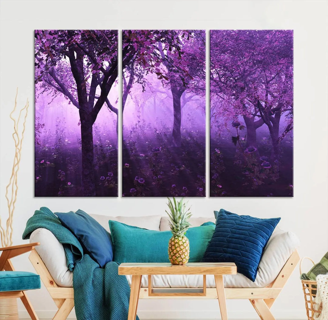 A stunning piece of artwork titled "A Misty Morning Among Flowering Trees" is beautifully displayed on the wall, all framed by elegant gallery-wrapped canvas prints.