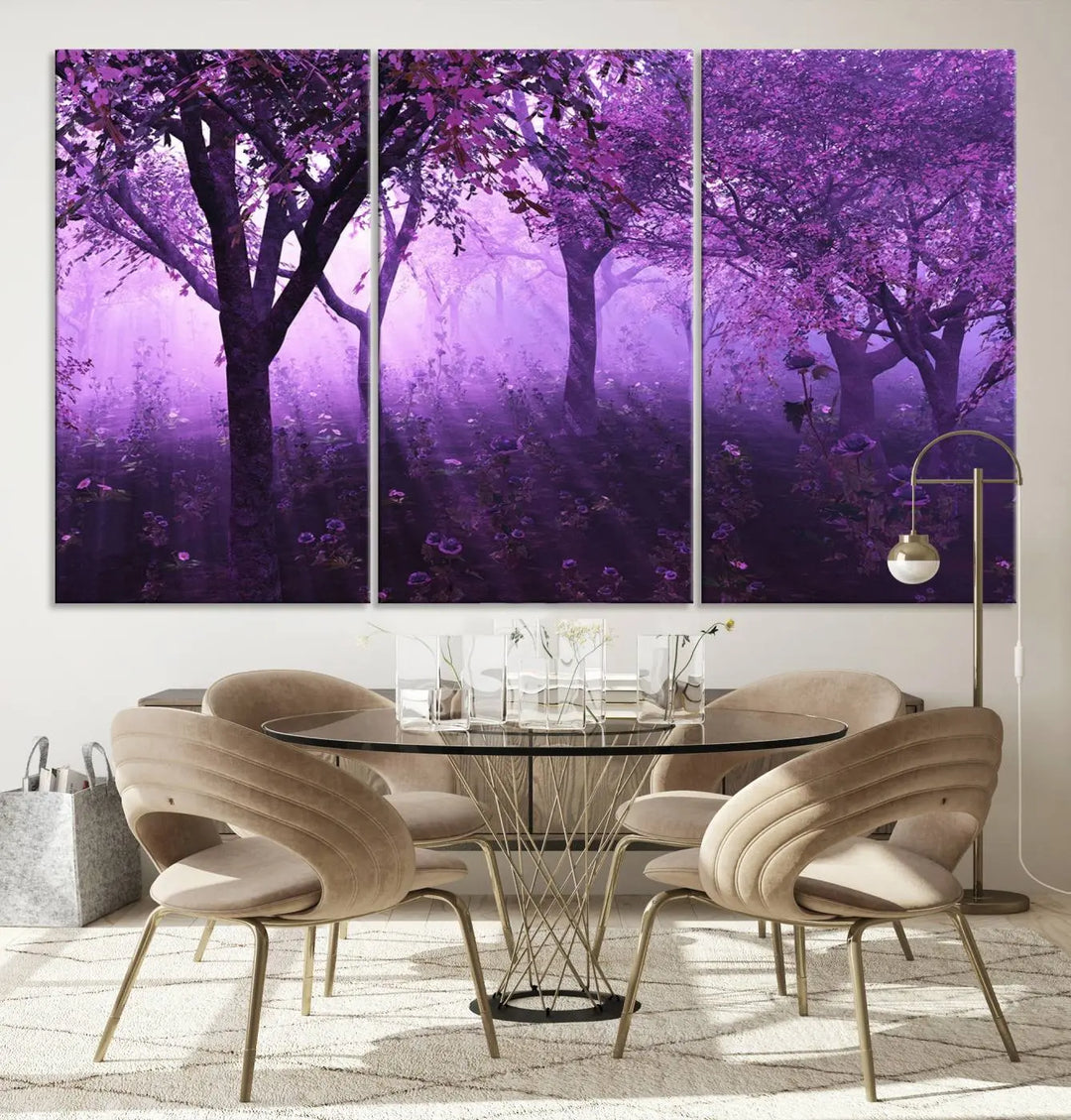 A stunning piece of artwork titled "A Misty Morning Among Flowering Trees" is beautifully displayed on the wall, all framed by elegant gallery-wrapped canvas prints.