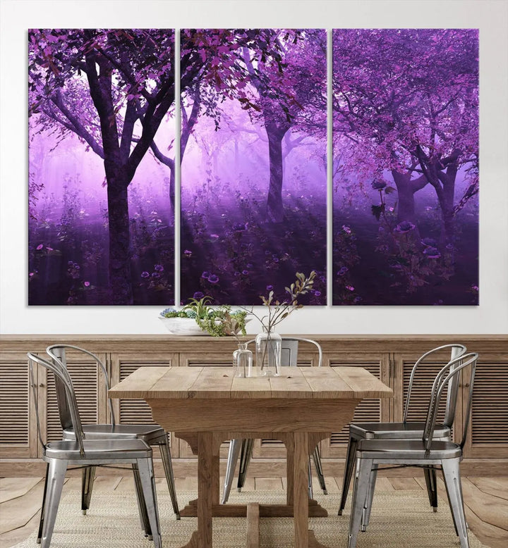 A stunning piece of artwork titled "A Misty Morning Among Flowering Trees" is beautifully displayed on the wall, all framed by elegant gallery-wrapped canvas prints.