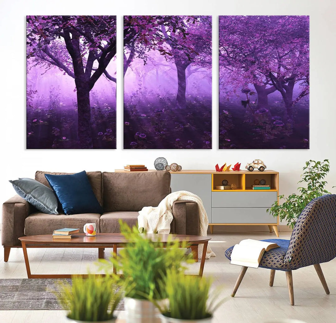 A stunning piece of artwork titled "A Misty Morning Among Flowering Trees" is beautifully displayed on the wall, all framed by elegant gallery-wrapped canvas prints.