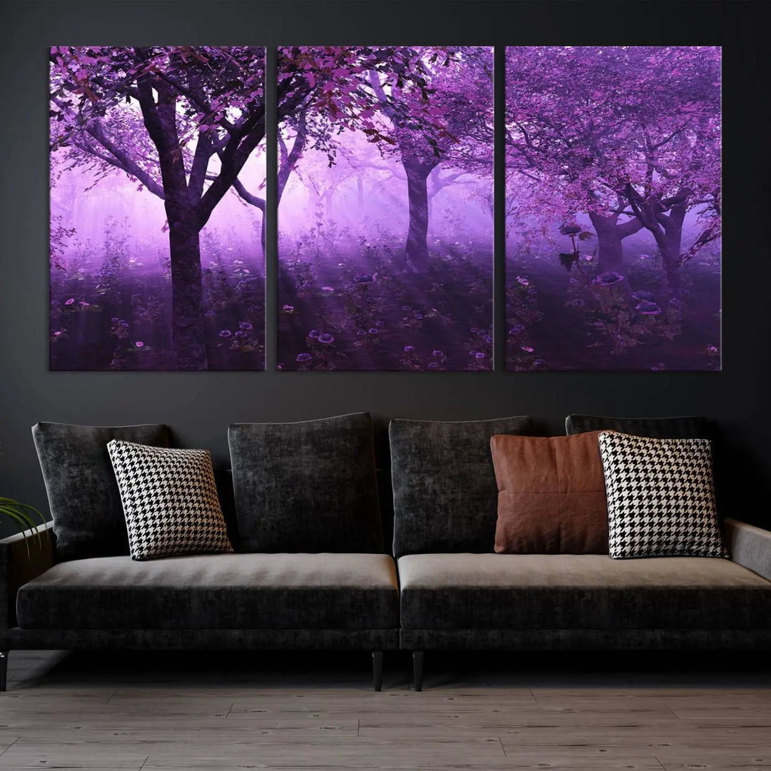 A stunning piece of artwork titled "A Misty Morning Among Flowering Trees" is beautifully displayed on the wall, all framed by elegant gallery-wrapped canvas prints.