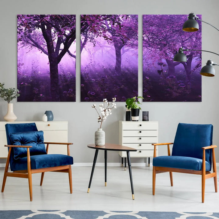 A stunning piece of artwork titled "A Misty Morning Among Flowering Trees" is beautifully displayed on the wall, all framed by elegant gallery-wrapped canvas prints.