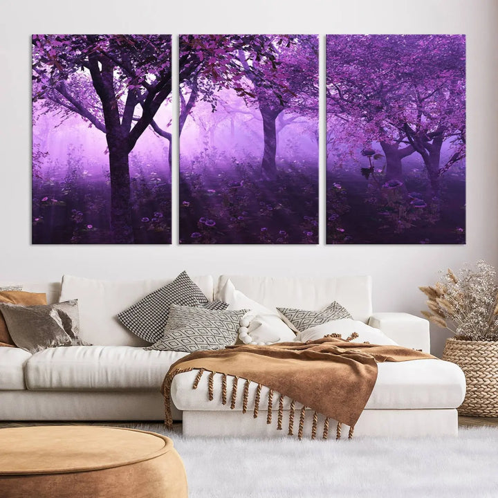 A stunning piece of artwork titled "A Misty Morning Among Flowering Trees" is beautifully displayed on the wall, all framed by elegant gallery-wrapped canvas prints.