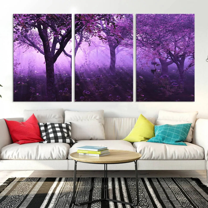 A stunning piece of artwork titled "A Misty Morning Among Flowering Trees" is beautifully displayed on the wall, all framed by elegant gallery-wrapped canvas prints.