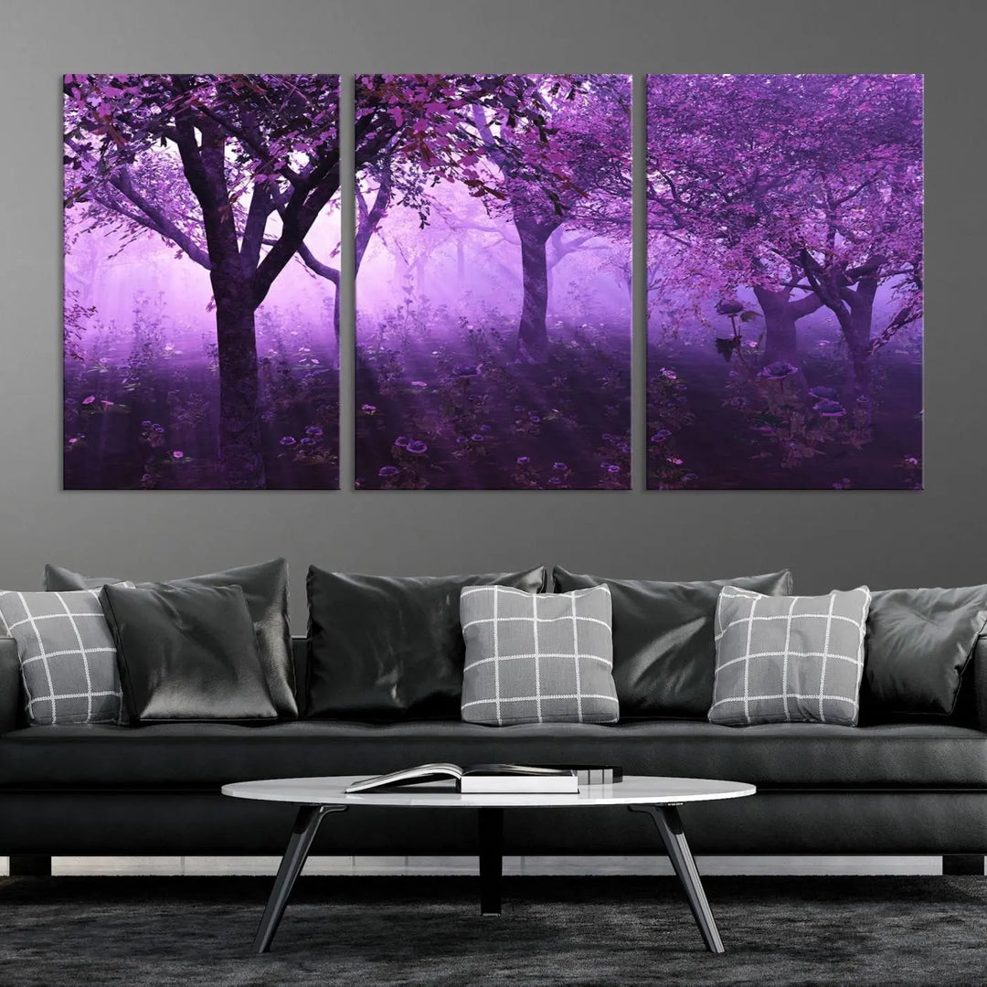 A stunning piece of artwork titled "A Misty Morning Among Flowering Trees" is beautifully displayed on the wall, all framed by elegant gallery-wrapped canvas prints.