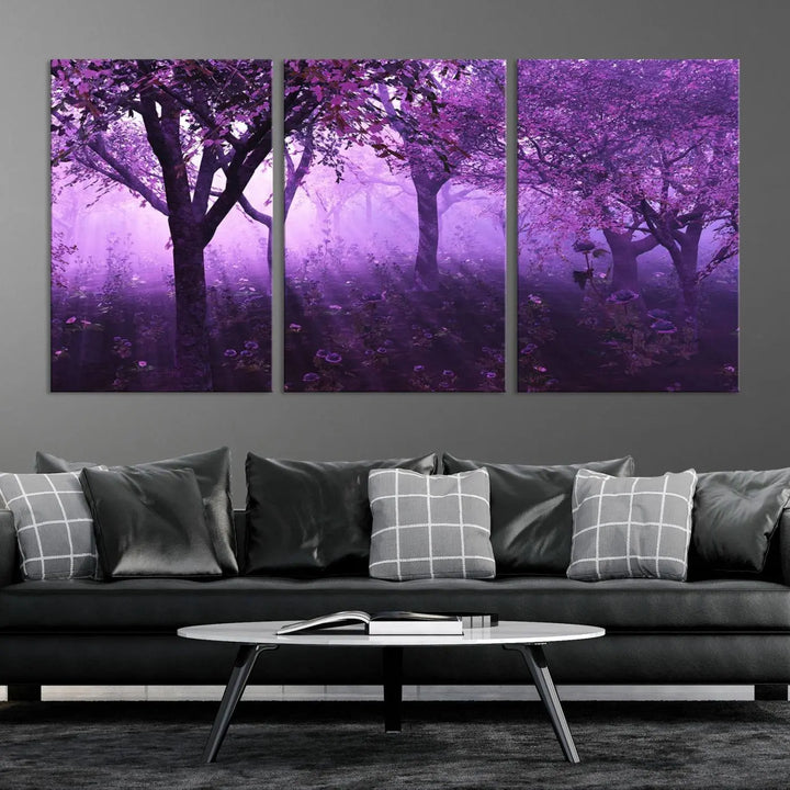 A stunning piece of artwork titled "A Misty Morning Among Flowering Trees" is beautifully displayed on the wall, all framed by elegant gallery-wrapped canvas prints.