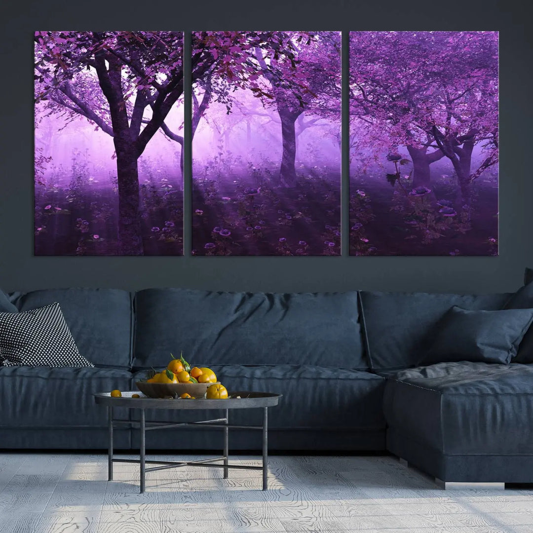 A stunning piece of artwork titled "A Misty Morning Among Flowering Trees" is beautifully displayed on the wall, all framed by elegant gallery-wrapped canvas prints.