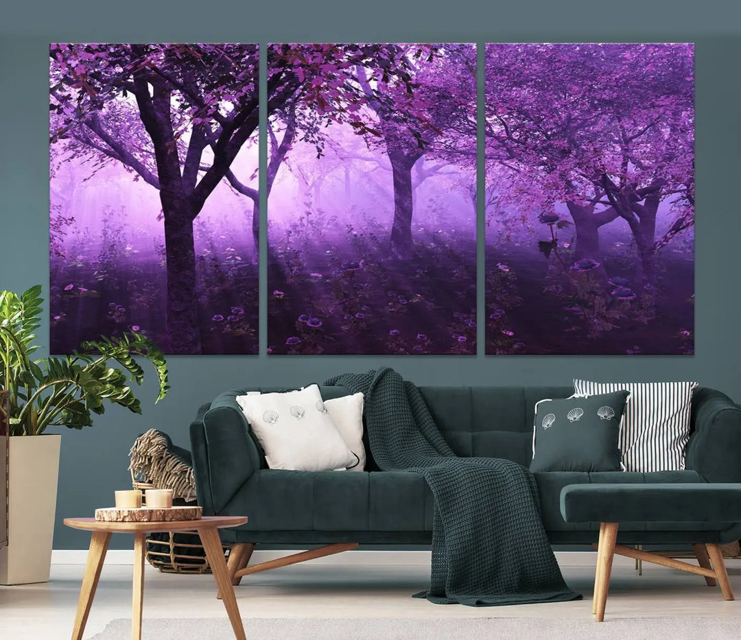 A stunning piece of artwork titled "A Misty Morning Among Flowering Trees" is beautifully displayed on the wall, all framed by elegant gallery-wrapped canvas prints.