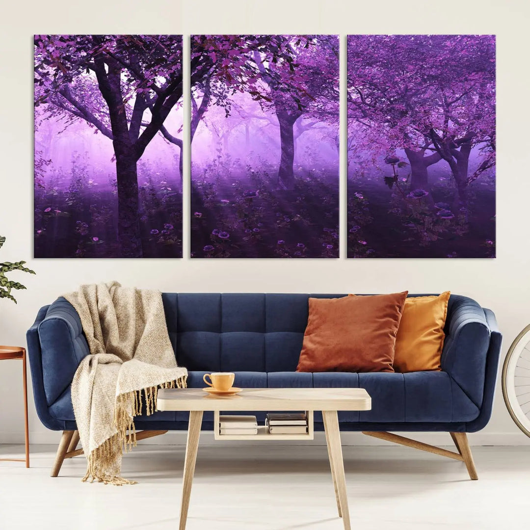 A stunning piece of artwork titled "A Misty Morning Among Flowering Trees" is beautifully displayed on the wall, all framed by elegant gallery-wrapped canvas prints.