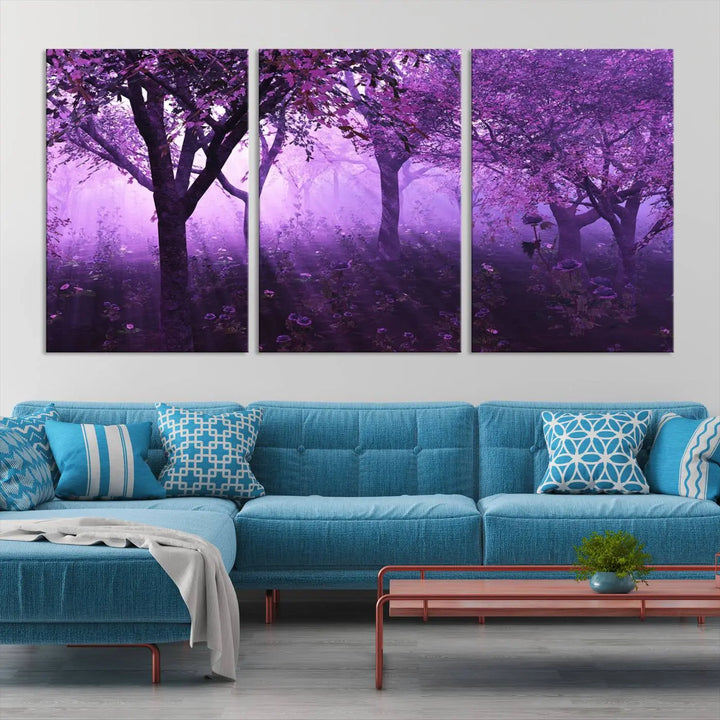 A stunning piece of artwork titled "A Misty Morning Among Flowering Trees" is beautifully displayed on the wall, all framed by elegant gallery-wrapped canvas prints.