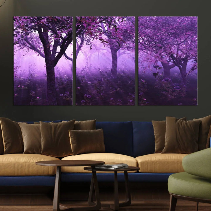 A stunning piece of artwork titled "A Misty Morning Among Flowering Trees" is beautifully displayed on the wall, all framed by elegant gallery-wrapped canvas prints.