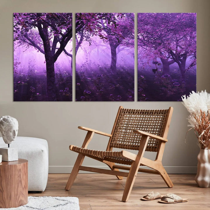 A stunning piece of artwork titled "A Misty Morning Among Flowering Trees" is beautifully displayed on the wall, all framed by elegant gallery-wrapped canvas prints.