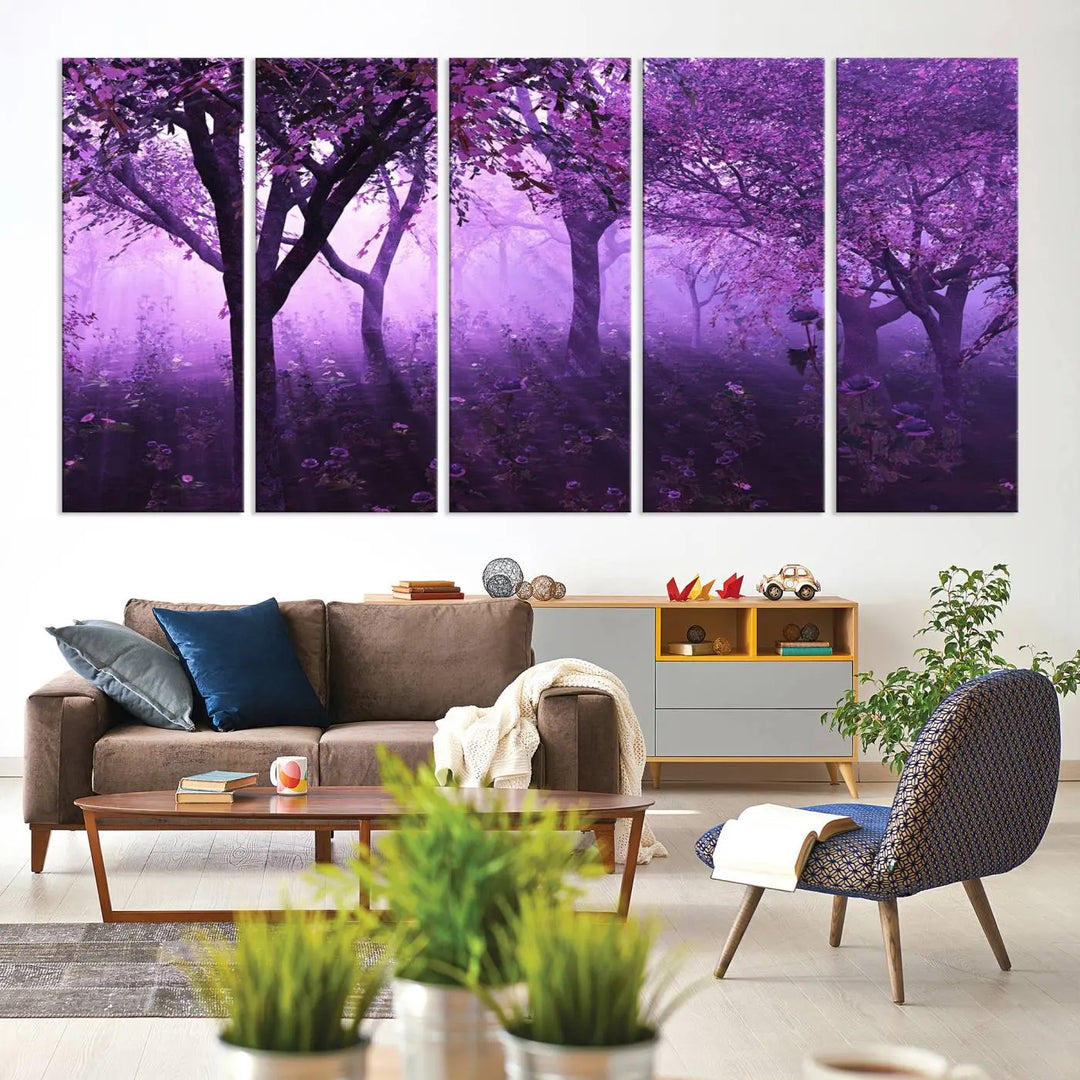 A stunning piece of artwork titled "A Misty Morning Among Flowering Trees" is beautifully displayed on the wall, all framed by elegant gallery-wrapped canvas prints.