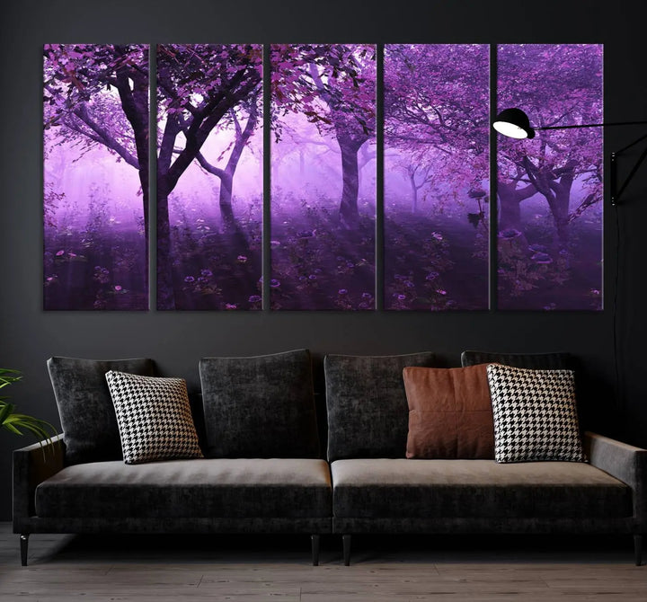 A stunning piece of artwork titled "A Misty Morning Among Flowering Trees" is beautifully displayed on the wall, all framed by elegant gallery-wrapped canvas prints.