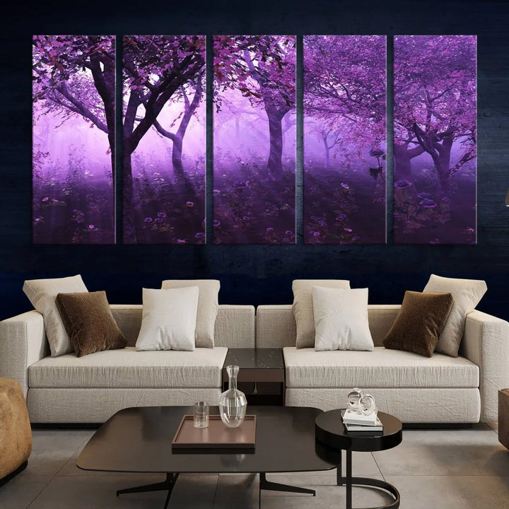 A stunning piece of artwork titled "A Misty Morning Among Flowering Trees" is beautifully displayed on the wall, all framed by elegant gallery-wrapped canvas prints.