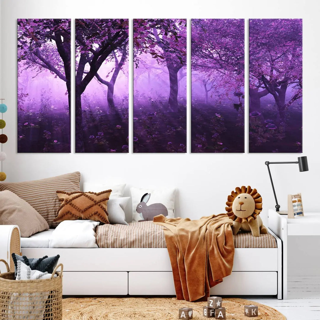 A stunning piece of artwork titled "A Misty Morning Among Flowering Trees" is beautifully displayed on the wall, all framed by elegant gallery-wrapped canvas prints.