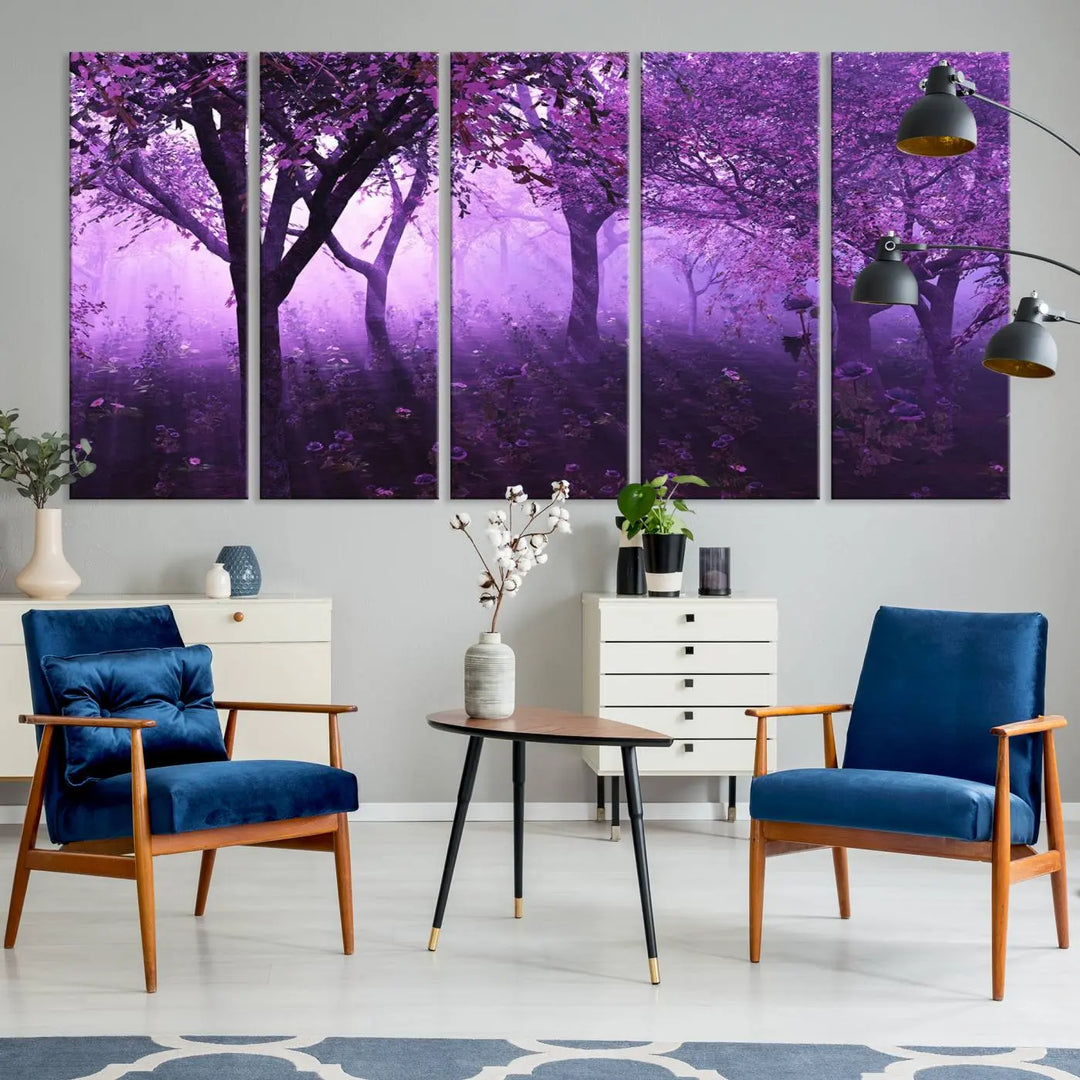 A stunning piece of artwork titled "A Misty Morning Among Flowering Trees" is beautifully displayed on the wall, all framed by elegant gallery-wrapped canvas prints.