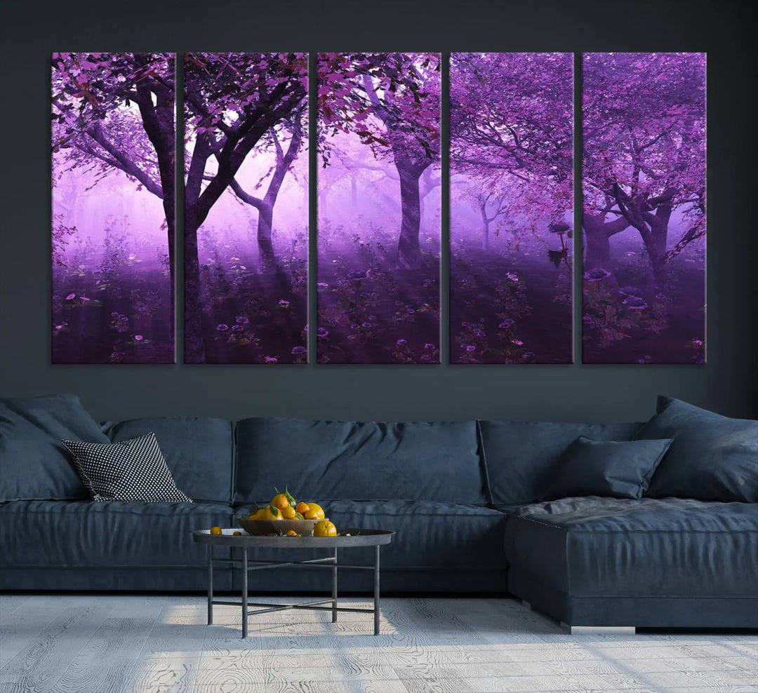 A stunning piece of artwork titled "A Misty Morning Among Flowering Trees" is beautifully displayed on the wall, all framed by elegant gallery-wrapped canvas prints.