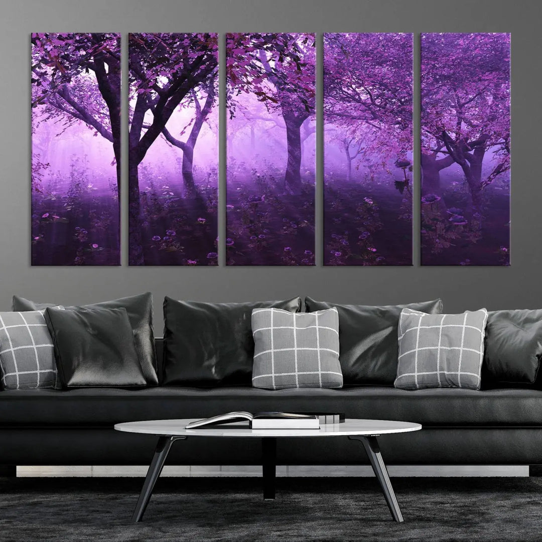 A stunning piece of artwork titled "A Misty Morning Among Flowering Trees" is beautifully displayed on the wall, all framed by elegant gallery-wrapped canvas prints.