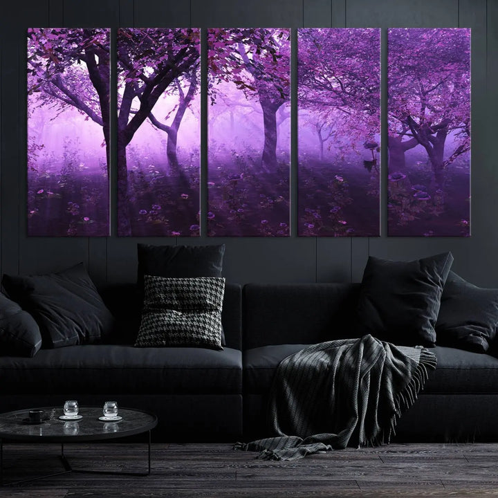 A stunning piece of artwork titled "A Misty Morning Among Flowering Trees" is beautifully displayed on the wall, all framed by elegant gallery-wrapped canvas prints.