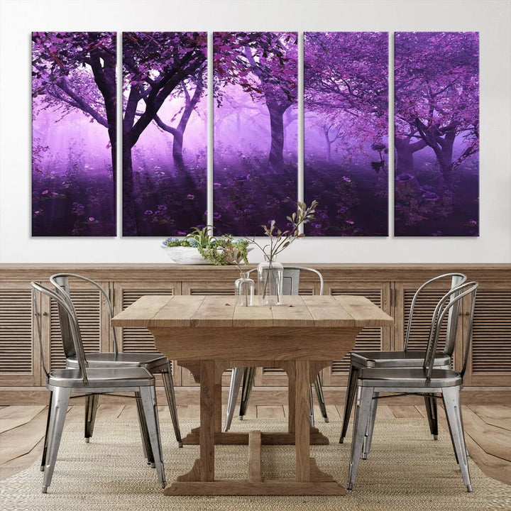 A stunning piece of artwork titled "A Misty Morning Among Flowering Trees" is beautifully displayed on the wall, all framed by elegant gallery-wrapped canvas prints.