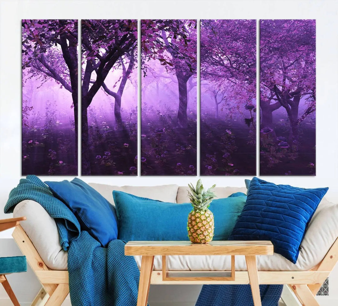 A stunning piece of artwork titled "A Misty Morning Among Flowering Trees" is beautifully displayed on the wall, all framed by elegant gallery-wrapped canvas prints.