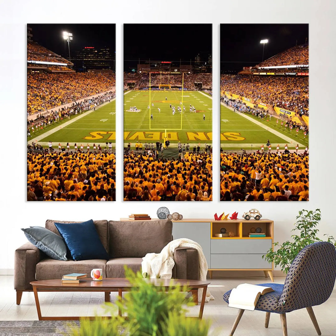 A living room boasts a gallery-quality finish with a large triptych featuring the ASU Sun Devils Football Team Print at Phoenix Mountain America Stadium wall art.